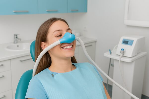 Spokojná pacientka u zubára s maskou na podávanie rajského plynu.